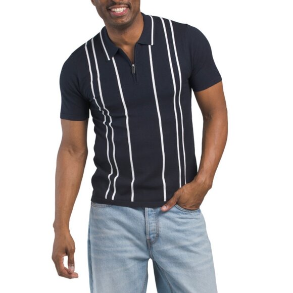 PERRY ELLIS Dark Sapphire Short Sleeve Vertical Stripe Sweater